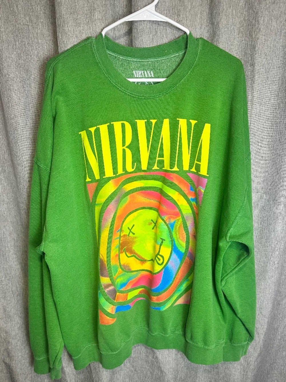Urban Outfitters NIRVANA Smiley Overdyed Oversized Crewneck Sweatshirt Green